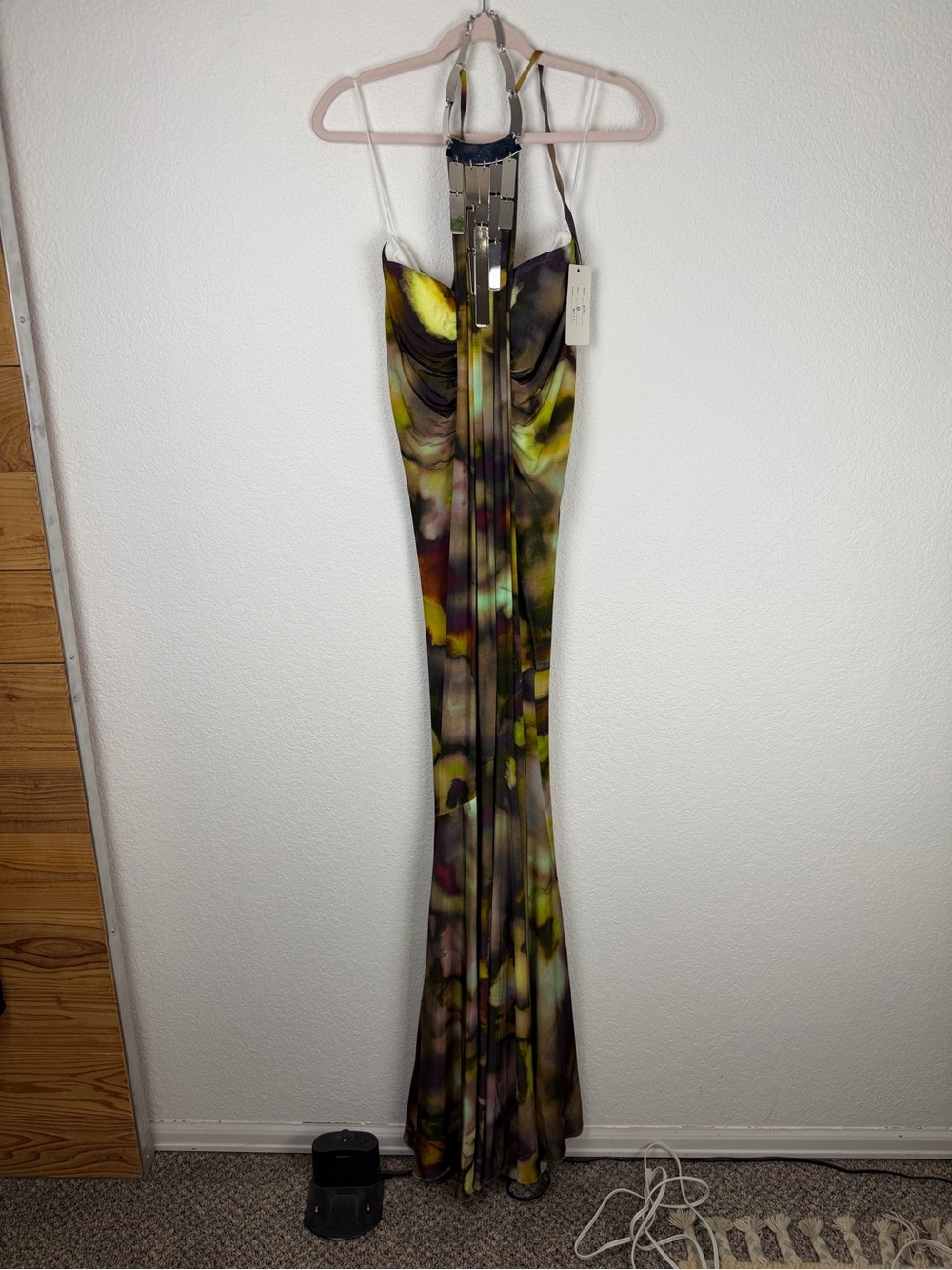 NWT Jovani Multi Color W/ Silver Embellished Necklace Halter Green Brown Maxi XS